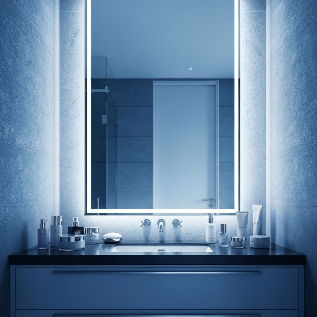 Luksusowa łazienka z kosmetyką DipFrost na półce przy lustrze